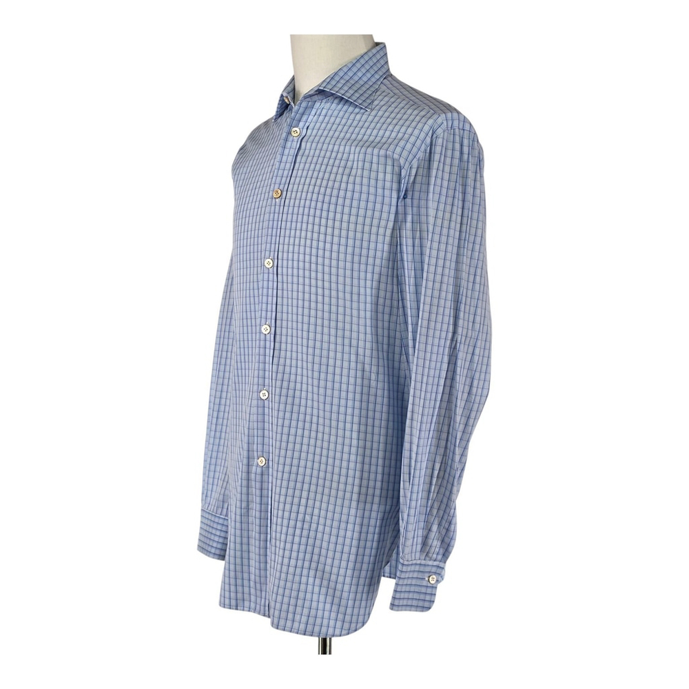 Quiet Luxury Kiton Dress Shirt Men 16.5 / 42 Blue Check Cotton Italy Workwear - Picture 2 of 16